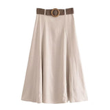 Joskka Solid Long Skirt  New High Waist Elegant Casual Belt Long Skirts Vintage Simple Female New Fall Dress