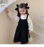 deanwangkt Girls spring fashion white blouse and black overalls dress Kids all-match Outfits 2pcs sets