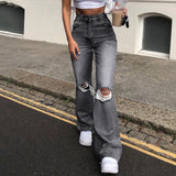 High Waist  New Retro Washed Blue Loose Ladies Denim Trousers Ripped Wide Leg Pants Women's Street Pants Straight Leg Jeans