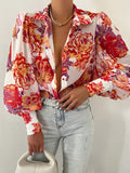 deanwangkt Women's Floral Print Puff Sleeve Shirt Female Elegant Casual V Neck Shirts Spring Summer Fashion Office Ladies Tops Blouses