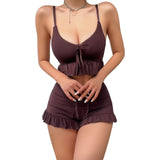 Women Summer 2 Pieces Outfits Solid Color V-Neck Sleeveelss Camisoles Ruffle Hem Tank Tops and Shorts Set