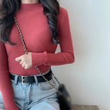 deanwangkt Autumn Long Sleeve  Women's Sweaters Thin Turtleneck Stretch Matte Blue Knitted Pullover Sweater Tops  Free Size