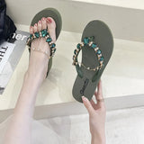 deanwangkt New Ins Rhinestone Chain Thick-soled Flip-flops Women Wear Beach Holiday Sandals and Slippers with Wedges Outside Summer.