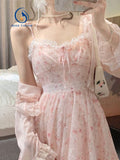 2 Piece Dress Set Women Floral Mini Dress + Casual Blouse Korean Fashion Suits Kawaii Clothing Lolita Dress Party Summer