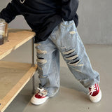 deanwangkt Spring Kids Trousers Boys Fashion Ripped Jeans Baby Girls Loose Casual Denim Pant