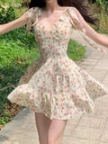 Casual Beach Straps Dress Women Slim  Summer Sweet Elegant Y2k Mini Dress Fairy Sleeveless Floral One Piece Dress Korean