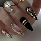 solvbao 24Pcs Long Stiletto Press on Nails Box Acrylic False Nails with Almond Designs Black Gold Foil French Full Cover Fake Nail Tips