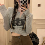 Wenkouban Y2K Grunge Graphic Tees Gray Crop Top Women Korean Style Long Sleeve Sexy Slim White Tshirts Vintage Streetwear T Shirt