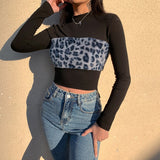 deanwangkt Patchwork Leopard Furry Long Sleeve T-shirt Autumn Casual Korean Basic Crop Top T Shirt Women 90s Blue Black Tees Y2K aesthetic