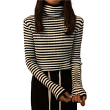 deanwangkt New Black Striped Sweater Women Knitted Pullover Autumn Long Sleeve Turtleneck Knitwear Korean Bottoming Shirt Stretch Jumpers