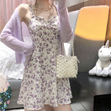 Floral Slip Dress Ladies Mini A-line Strap Dress  High Waist Ruched Purple Sundress For Women Spring  Clothing Robe Femme Fairy Dress