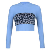 deanwangkt Patchwork Leopard Furry Long Sleeve T-shirt Autumn Casual Korean Basic Crop Top T Shirt Women 90s Blue Black Tees Y2K aesthetic