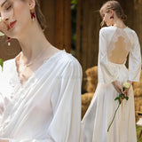 deanwangkt Long Tailing Nightgown Women Wedding Robe Elegant Lace Embroider Sleepwear Bride Banquet Dressing Gown Flare Sleeve Kimono