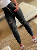 deanwangkt Ripped Holes Casual Skinny Jeans, Slash Pockets Distressed Single-Breasted Button High Waist Denim Pants, Women's Denim Jeans