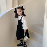 deanwangkt Girls spring fashion white blouse and black overalls dress Kids all-match Outfits 2pcs sets