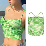 deanwangkt 90s Women Sleeveless Cami Top Y2K Aesthetic Green Backless Bandaged Crop Top E-girl Vintage Summer Tank Top Clothe Sexy Camisole