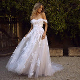 Lace Beach Wedding Dresses  Off the Shoulder Appliques A Line Boho Bride Dress Princess Wedding Gown Robe De Mariee