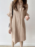 deanwangkt Casual Plain Lapel Button Half Sleeve Side Pocket Shirt Dress