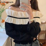 deanwangkt Blusas De Mujer Sexy Slash Neck Blouse for Women Temperament Tops Female Fashion Ruffles Slim Sweet Korean Blouses Shirt