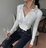 deanwangkt Korean Style Sexy Slim Mint Green Shirt Women Ribbed Irregular Crop Top Autumn Fashion Designer Clothes Ladies Blouses