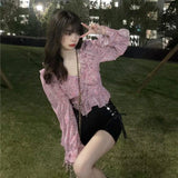 deanwangkt Summer Floral Elegant Blouse Women Outwear Korean Style Casual Chiffon Shirts Office Lady V-Neck Long Sleeve Y2k Crop Tos