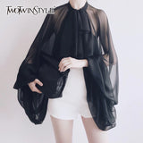 deanwangkt Bowknot Chiffon Blouse Shirt Women Lantern Sleeve Tulle Transparent Sexy Tops Large Size  Spring Summer Casual