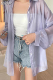 deanwangkt Fashion Women Holiday Beach Shirts See Through Chiffon Blouse Tops Sun Protection Clothes Long Sleeve Blusas New 22209