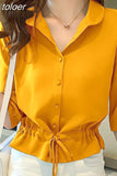 deanwangkt Solid Turn-down Collar Half Sleeve Chiffon Shirt Fashion Casual Shirring Single-breasted Blouses Female 1109-0