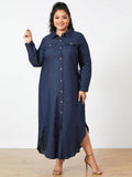 deanwangkt Casual Loose Button Front Irregular Split Hem Denim Maxi Shirt Dress with Front Pockets