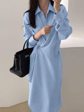 deanwangkt Pure Color Turn-down Collar Long Sleeve Button Irregular Hem Shirt Dress