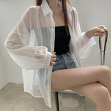 deanwangkt Fashion Women Holiday Beach Shirts See Through Chiffon Blouse Tops Sun Protection Clothes Long Sleeve Blusas New 22209