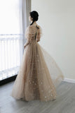 solvbao Champagne Tulle Long Prom Dresses, A-Line 1/2 Sleeve Evening Dresses