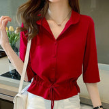 Women Solid Turn-down Collar Half Sleeve Chiffon Shirt Fashion Casual Shirring Single-breasted Blouses Female 1004-0