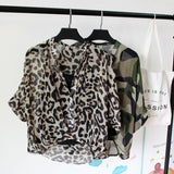 deanwangkt Two Piece Set Leopard Chiffon Shirts Summer Half Sleeve Loose V-Neck Women Casual Blouse Sexy Casual Striped Tops 19483