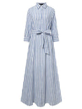 deanwangkt Women 100% Cotton Classical Striped Print Lapel Button Front Lace-Up Casual Shirt Dress