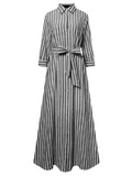 deanwangkt Women 100% Cotton Classical Striped Print Lapel Button Front Lace-Up Casual Shirt Dress