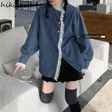 deanwangkt Denim Shirt Coat Women Sweet Lace Ruffles Loose Casual Blouses  Ropa Mujer Fashion Korean Blouses Tops Y2k Clothes