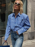 deanwangkt Long Sleeves Stripe Shirts Woman Fashion Office Ladies Blue Lapel Blouses With Shoulder Pads Streak Chic Tops