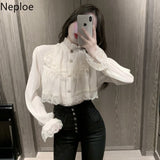 deanwangkt Korean White Blouse Women Blusas Stand Neck Chiffon Shirts Long Sleeve Ruffles Lace Blouses Vintage Elegant Femme Tops