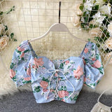 deanwangkt Short Blouses Women Fashion Sexy Bandage Crop Top Summer Vintage Gothic Shirt Ladies Flower Print Top Feminine