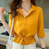 Women Solid Turn-down Collar Half Sleeve Chiffon Shirt Fashion Casual Shirring Single-breasted Blouses Female 1004-0