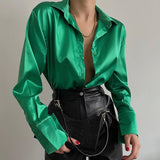 deanwangkt Long Sleeve Blouses Women Tops  Vintage Blue Green Silk Shirt Casual Loose Button Up Female Shirts Fashion Tops 18913