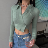 deanwangkt Korean Style Sexy Slim Mint Green Shirt Women Ribbed Irregular Crop Top Autumn Fashion Designer Clothes Ladies Blouses