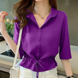 Women Solid Turn-down Collar Half Sleeve Chiffon Shirt Fashion Casual Shirring Single-breasted Blouses Female 1004-0