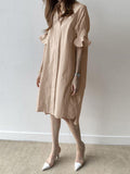 deanwangkt Casual Plain Lapel Button Half Sleeve Side Pocket Shirt Dress