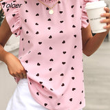 deanwangkt Chiffon Print Women's Shirt Casual Ruffle Short Sleeve Top Pink Chic Woman Blouse And Shirts Elegant Blouses Summer