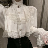 deanwangkt Korean White Blouse Women Blusas Stand Neck Chiffon Shirts Long Sleeve Ruffles Lace Blouses Vintage Elegant Femme Tops