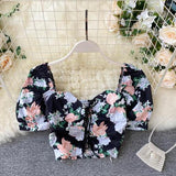 deanwangkt Short Blouses Women Fashion Sexy Bandage Crop Top Summer Vintage Gothic Shirt Ladies Flower Print Top Feminine