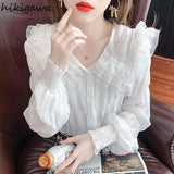 deanwangkt Blouse for Women Sweet Peter Pan Collar Long Sleeve White Shirts Lace Ruffles Chiffon Tops  Blusas Mujer De Moda