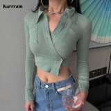 deanwangkt Korean Style Sexy Slim Mint Green Shirt Women Ribbed Irregular Crop Top Autumn Fashion Designer Clothes Ladies Blouses